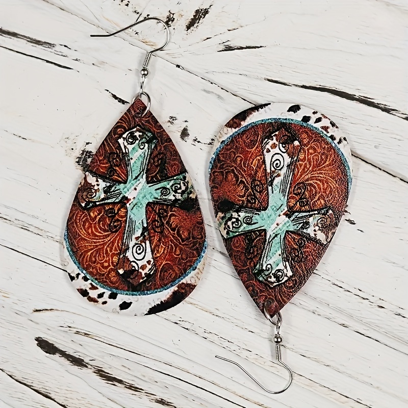Retro Antique Style Cross PU Leather Earrings Double sided Jewelry